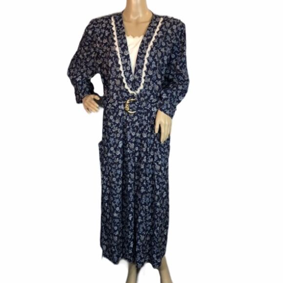 Vintage SL Fashions Blue Floral Belted Dress 1980s Size 18 Fits Much Smaller - Picture 1 of 10